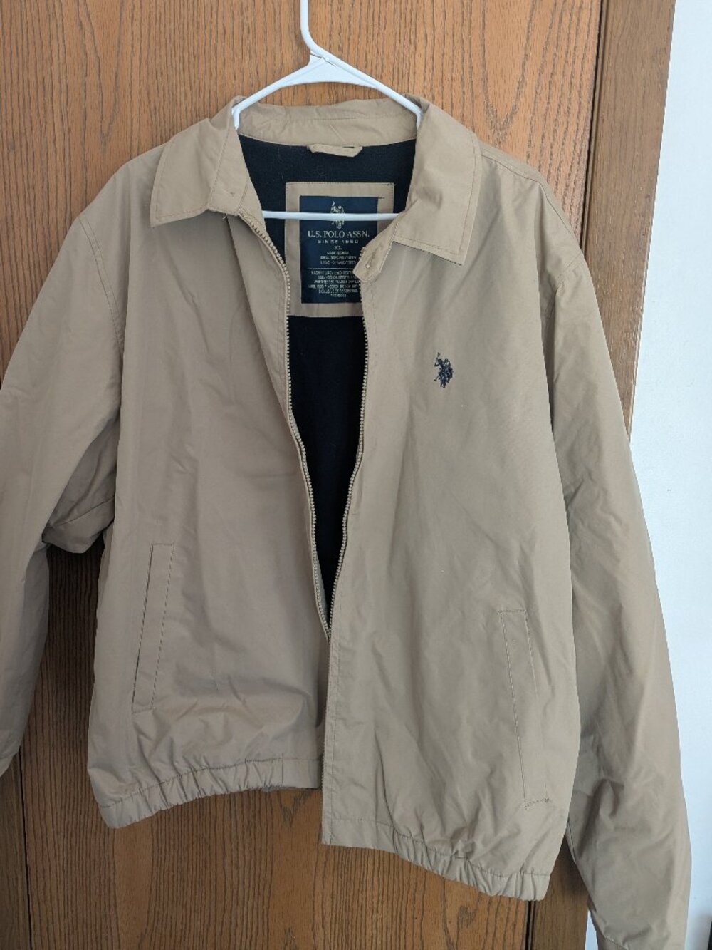 US Polo Assn Lightweight Fleece Lined Windbreaker Jacket Khaki/Beige-Men's XL